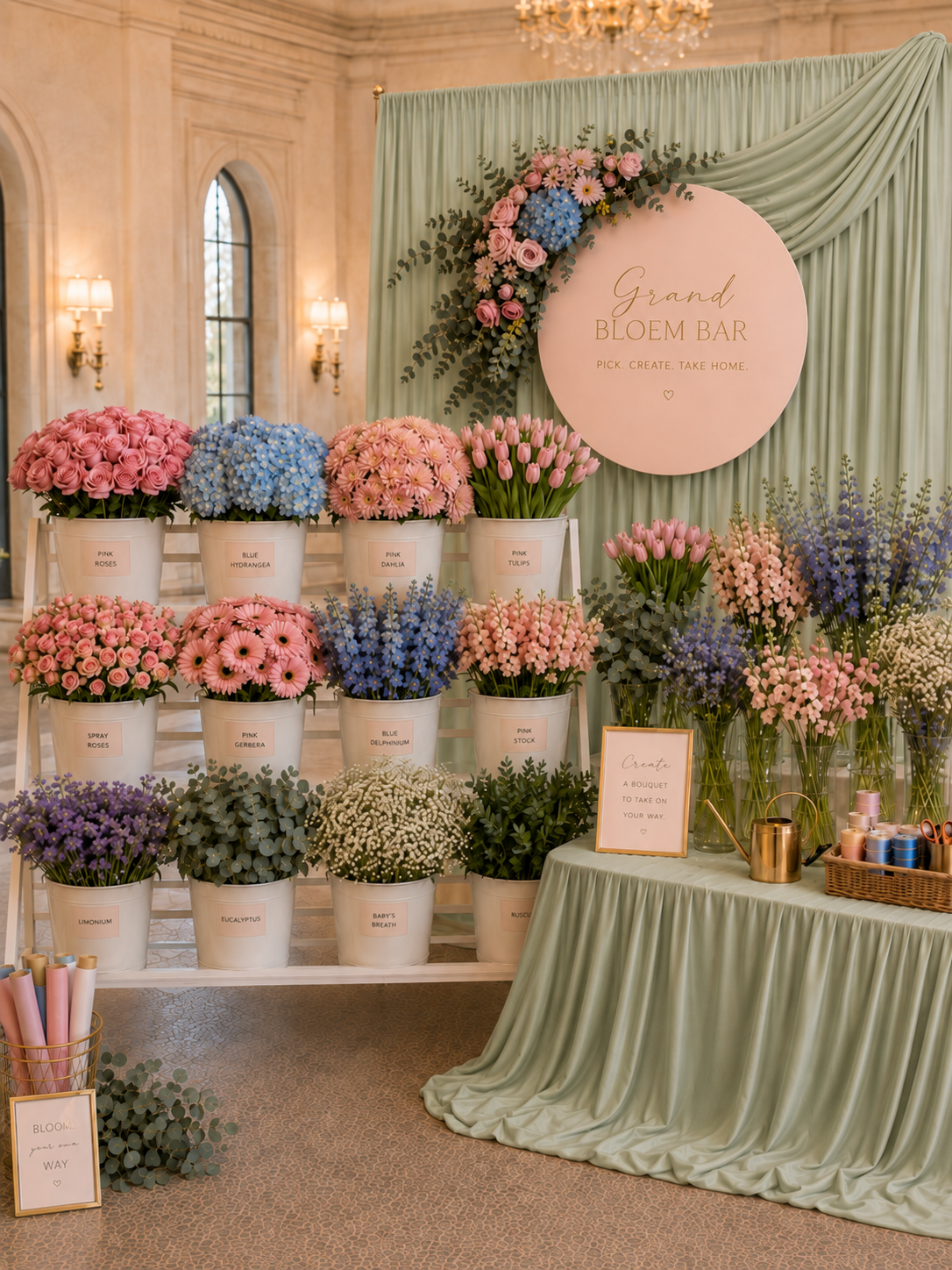 Grand Bloem Bar wedding setup with pink and blue flowers, sage draping and a styling table