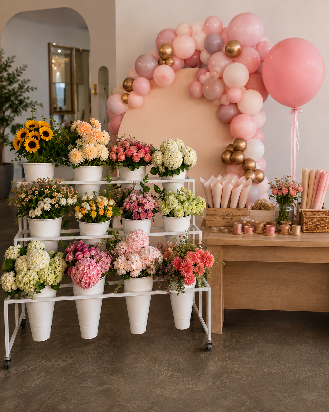 A styled Bloem Bar celebration setup with flowers and wrapping materials
